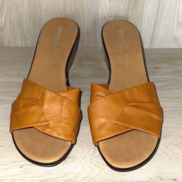 Romano Palai Womens Leather Wedge Sandals Slip On Open Toe‎ Yellow Gold Size 10M - Picture 2 of 7